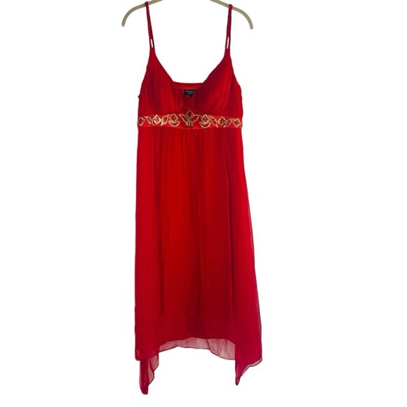 Robbie Bee Silk Babydoll Dress Sz 14 Red Romantic Beaded Sequin Sharkbite Sheer - Picture 1 of 16
